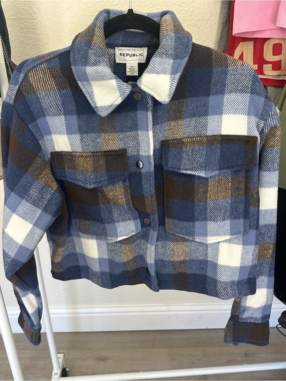 For The Republic Blue and White Plaid Button-Up Shirt